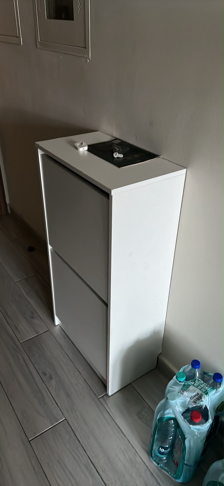 White 2-tier shoe rack in entryway