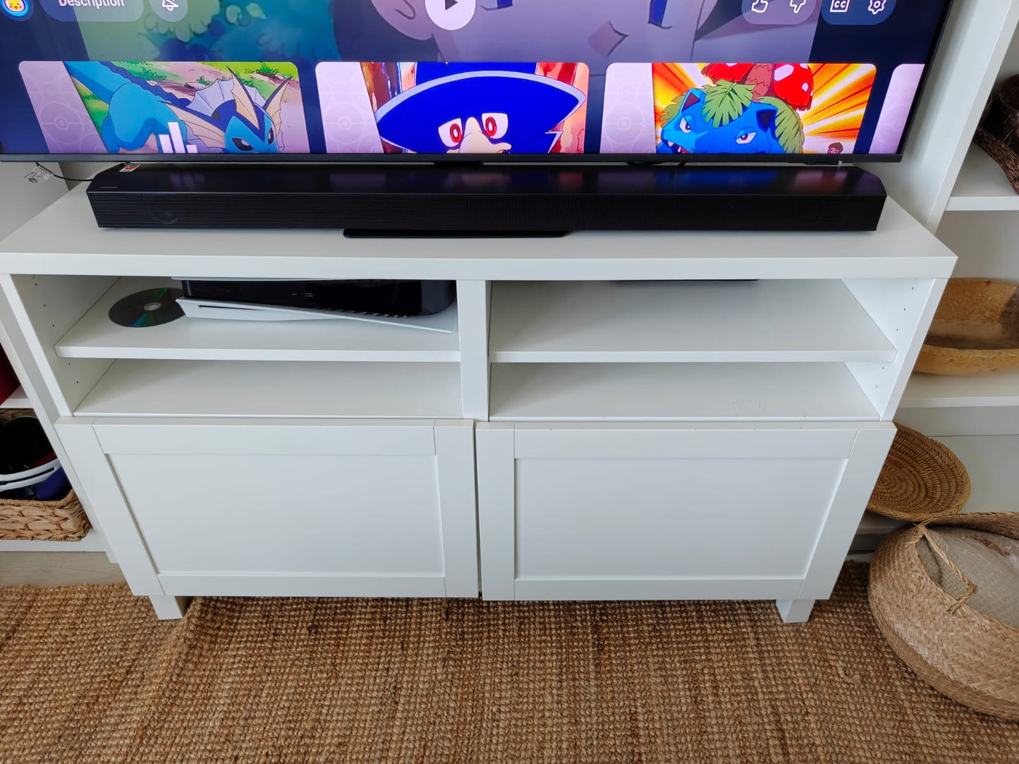 White TV table media console with storage cabinets