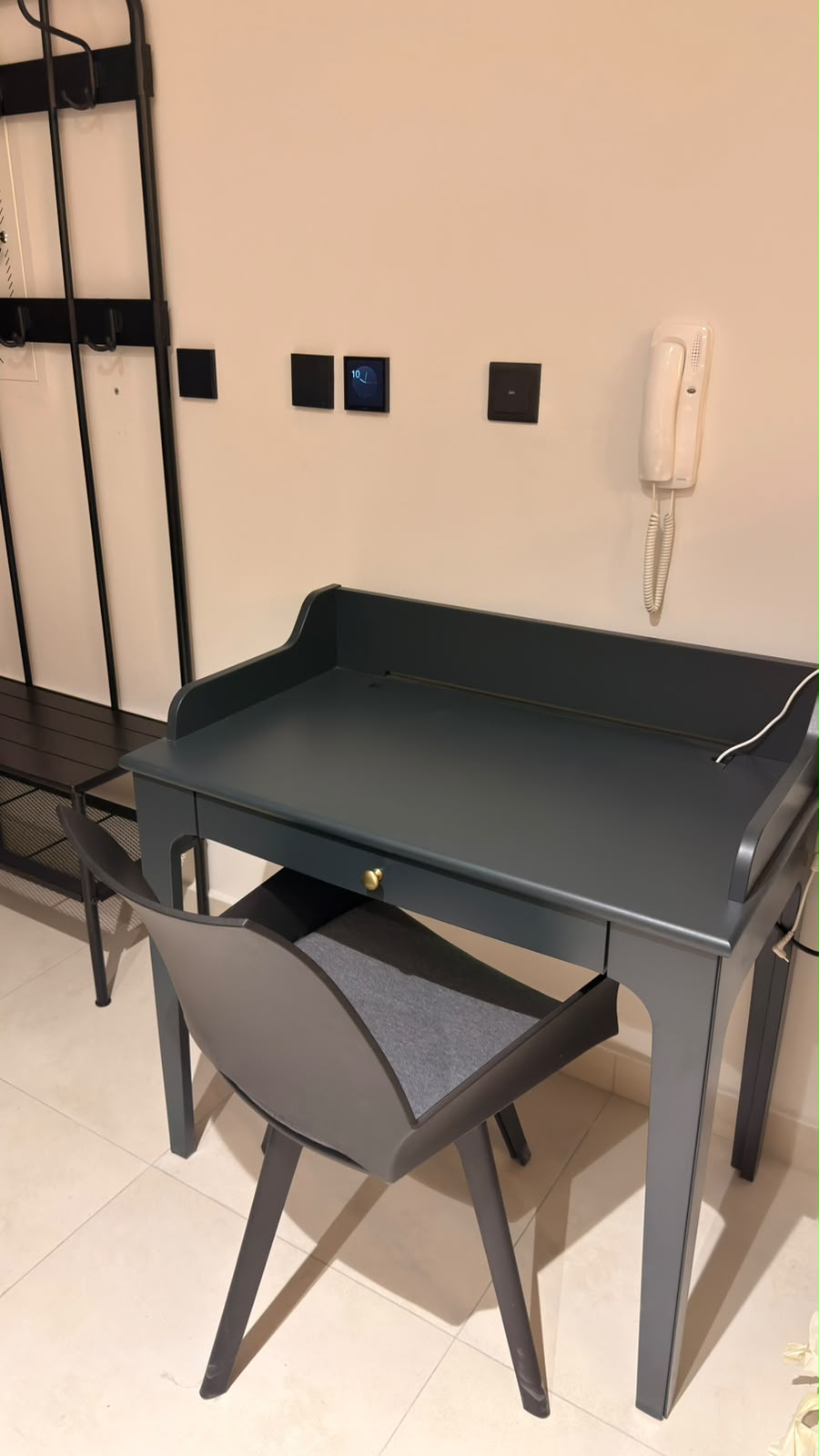 Dark teal study desk with matching chair and single drawer