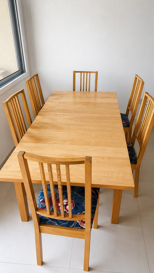 IKEA extendable dining table and 6 chairs for sale