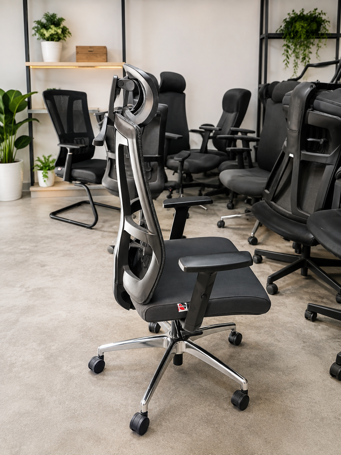 High-back ergonomic mesh office chair with headrest and chrome star base