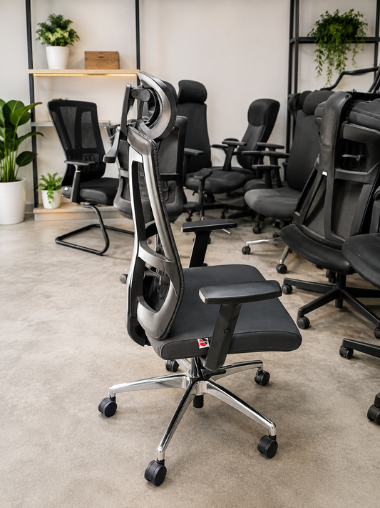 High-back ergonomic mesh office chair with headrest and chrome star base