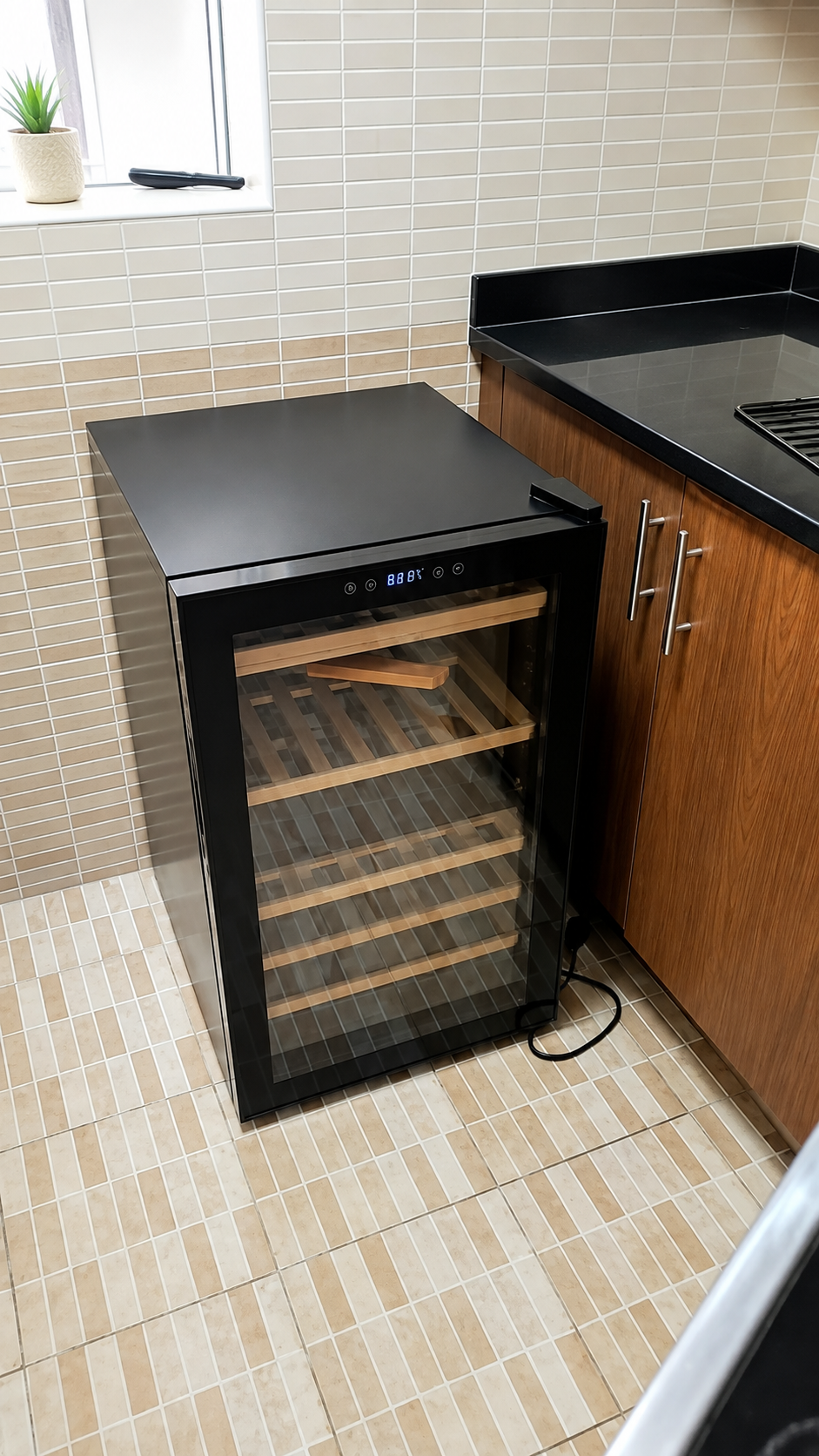 Black freestanding wine cooler with wooden shelves