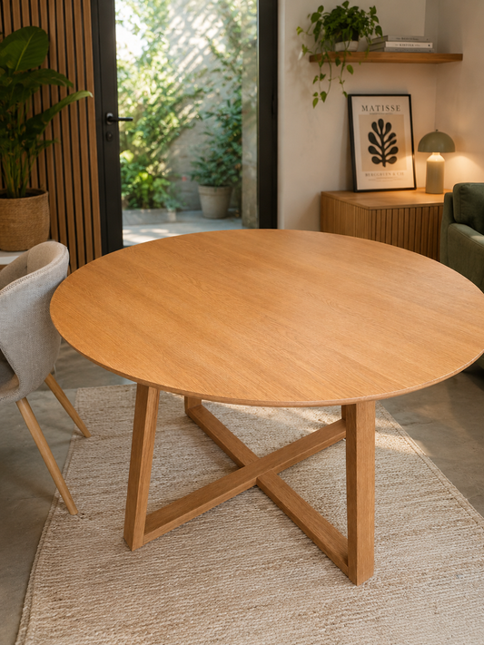 Round oak dining table with X-base design