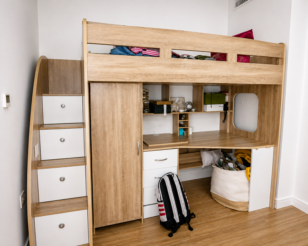 IKEA loft bed with integrated desk, wardrobe and staircase storage drawers in oak effect finish