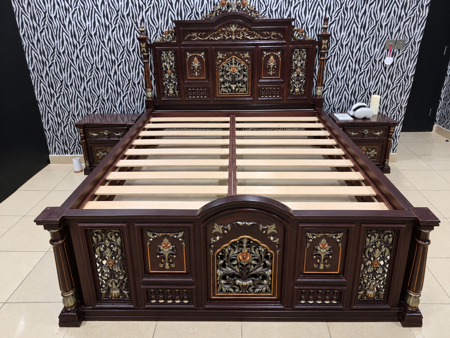 Royal baroque hand-carved dark mahogany wooden bed frame with ornate gold accents and matching nightstands