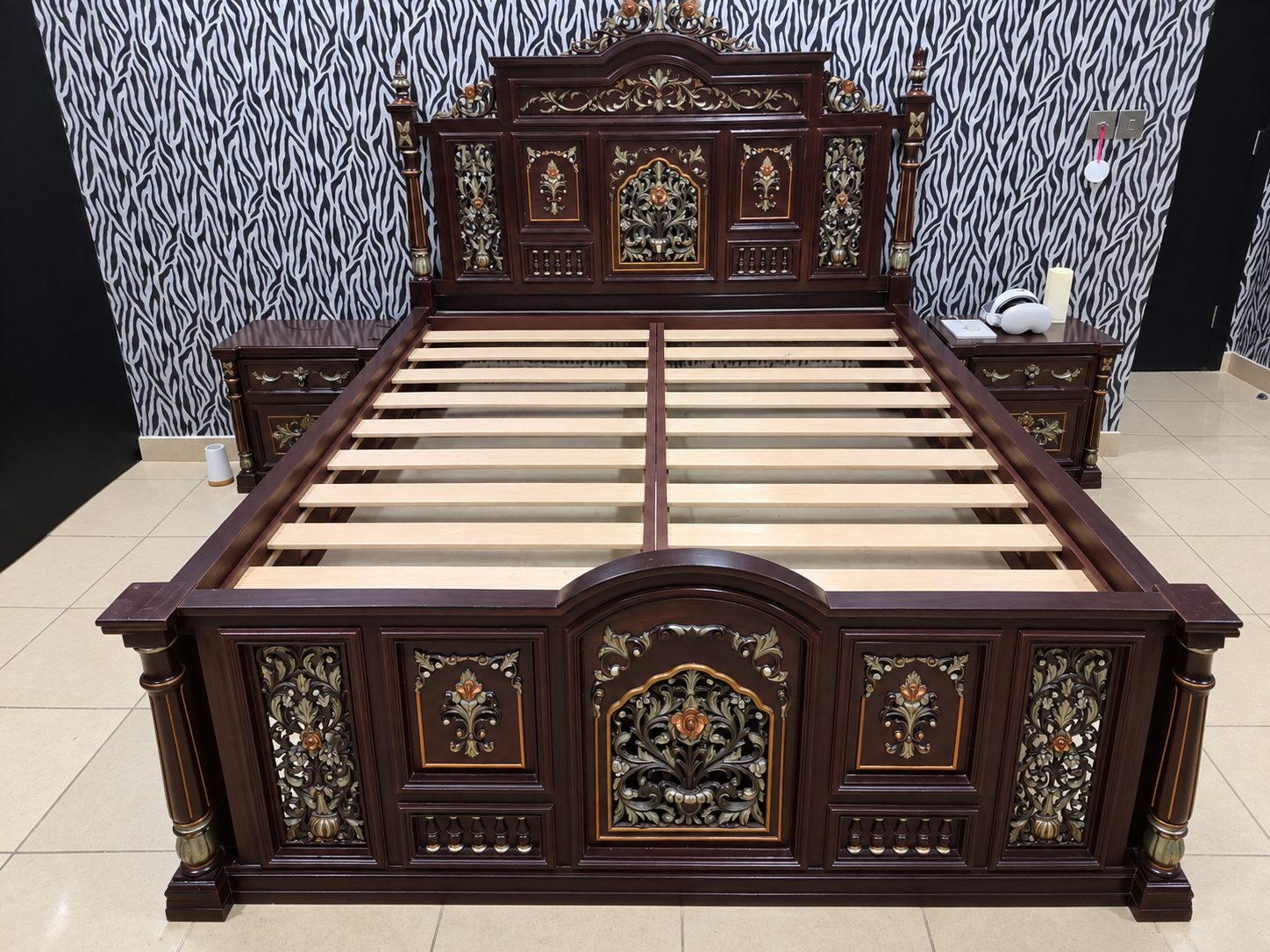Royal baroque hand-carved dark mahogany wooden bed frame with ornate gold accents and matching nightstands