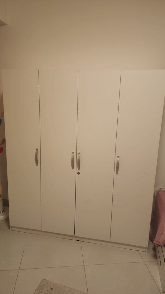 4-door white wardrobe with silver handles