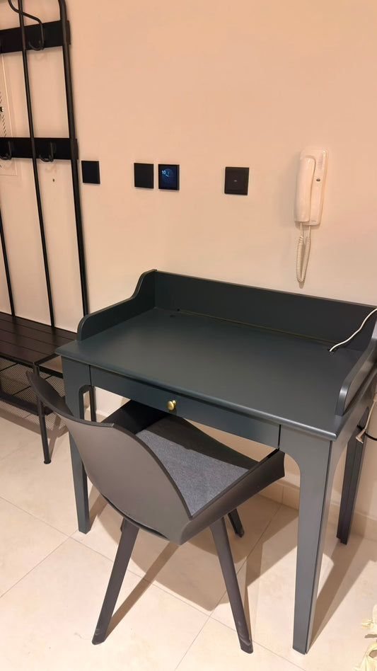 Dark teal study desk with matching chair and single drawer