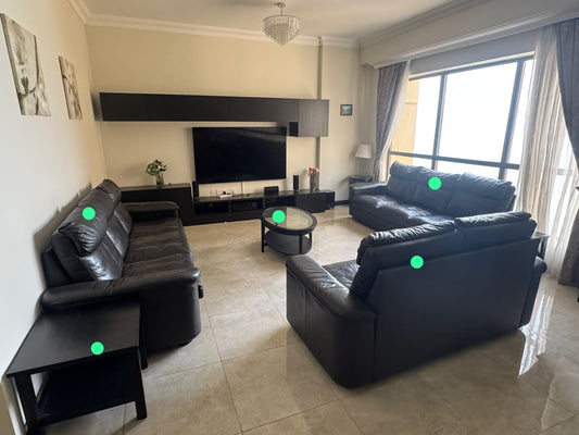 Full black leather living room set with 3 sofas, glass coffee table and side table