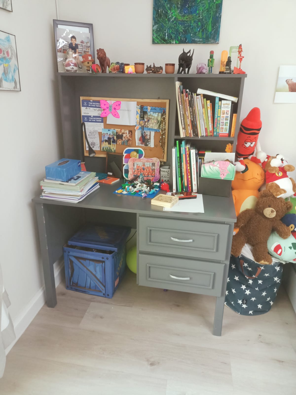 Original photo of grey study desk with hutch and two drawers