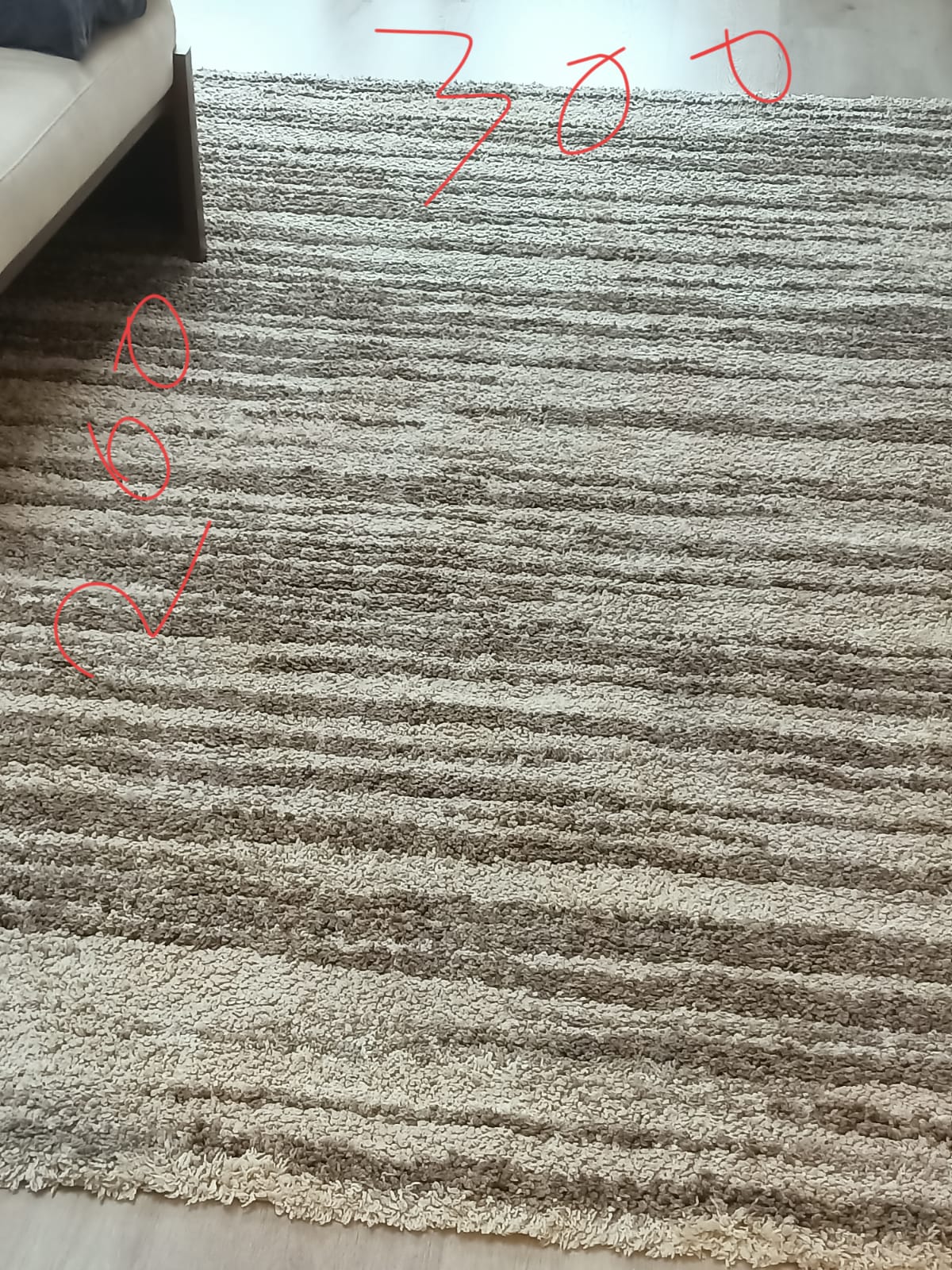 Original photo of cream and grey striped rug with handwritten markings