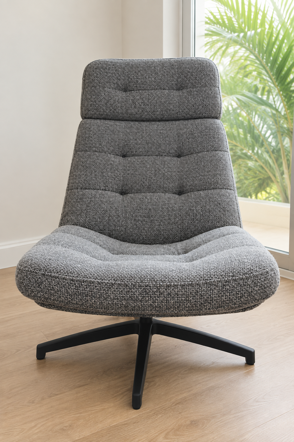 Edited photo of grey woven armless lounge chair with black star base