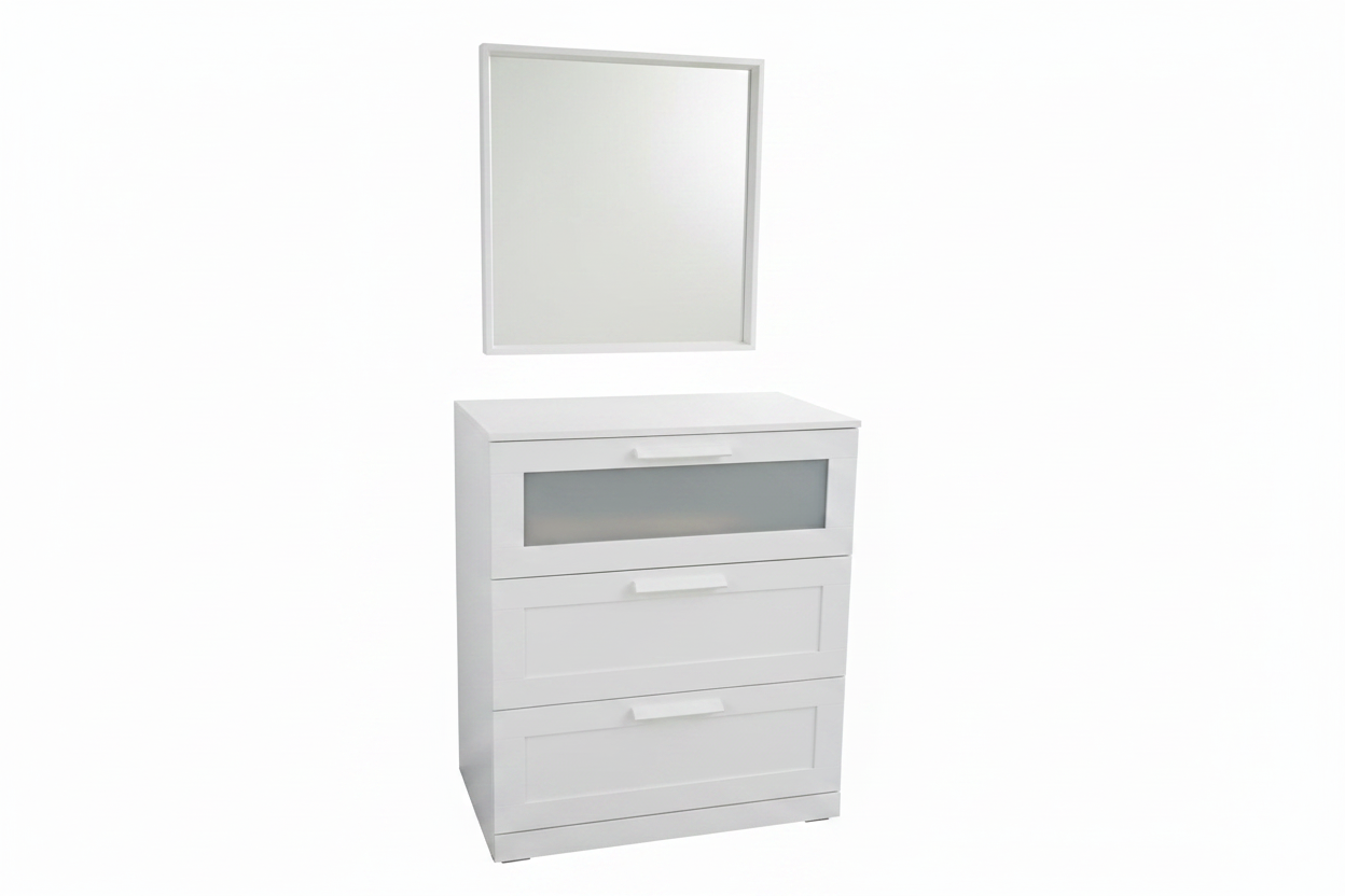 White chest of drawers with frosted glass drawer and mirror