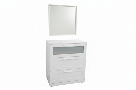 White chest of drawers with frosted glass drawer and mirror