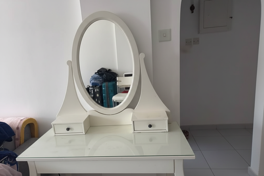 White vanity dressing table with oval swivel mirror and two drawers