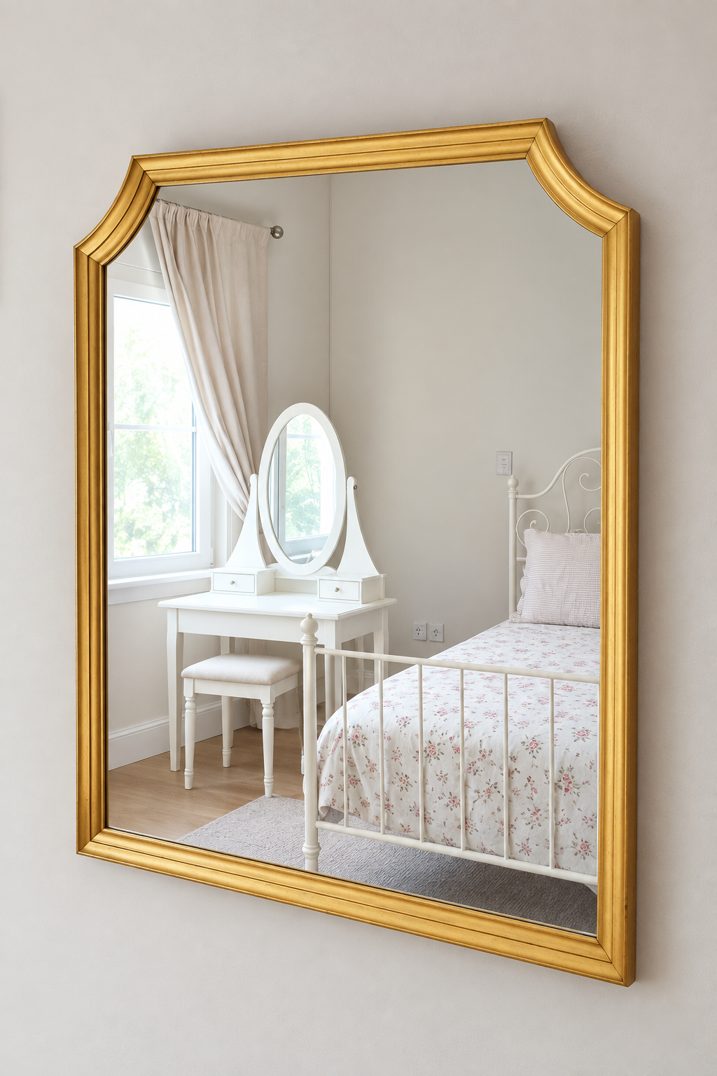Gold-framed wall mirror with curved upper corners, edited room reflection