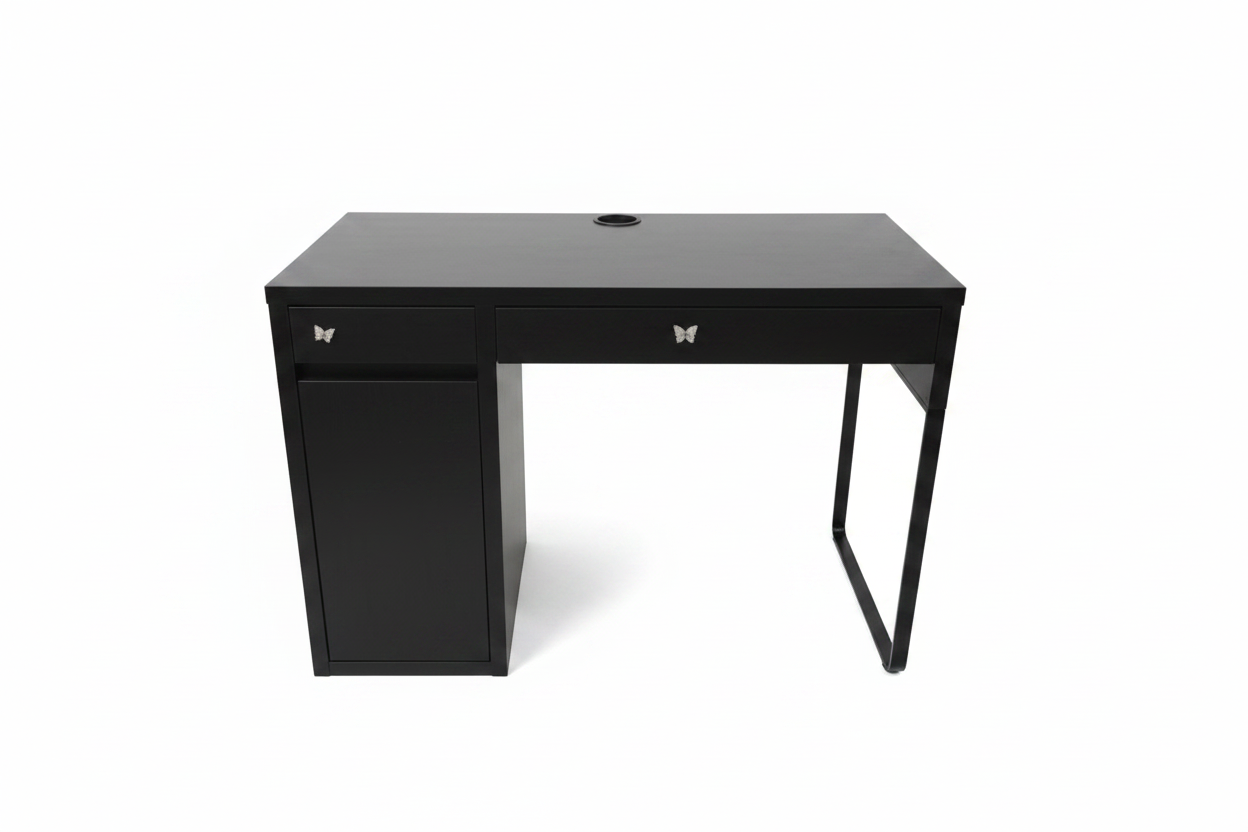 Black desk with storage cabinet and drawer - enhanced product photo