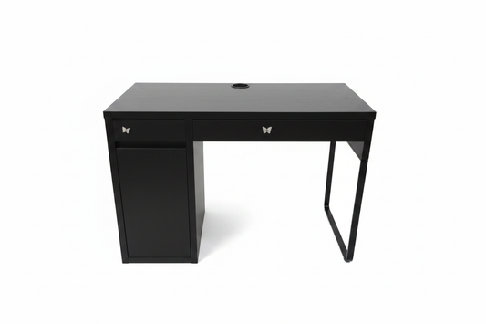 Black desk with storage cabinet and drawer - enhanced product photo