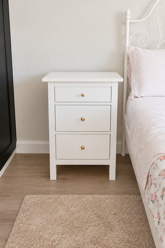 Edited photo of white three-drawer bedside table with gold-tone knobs