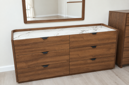 Edited photo of six-drawer wood-look dresser with white marble-look top