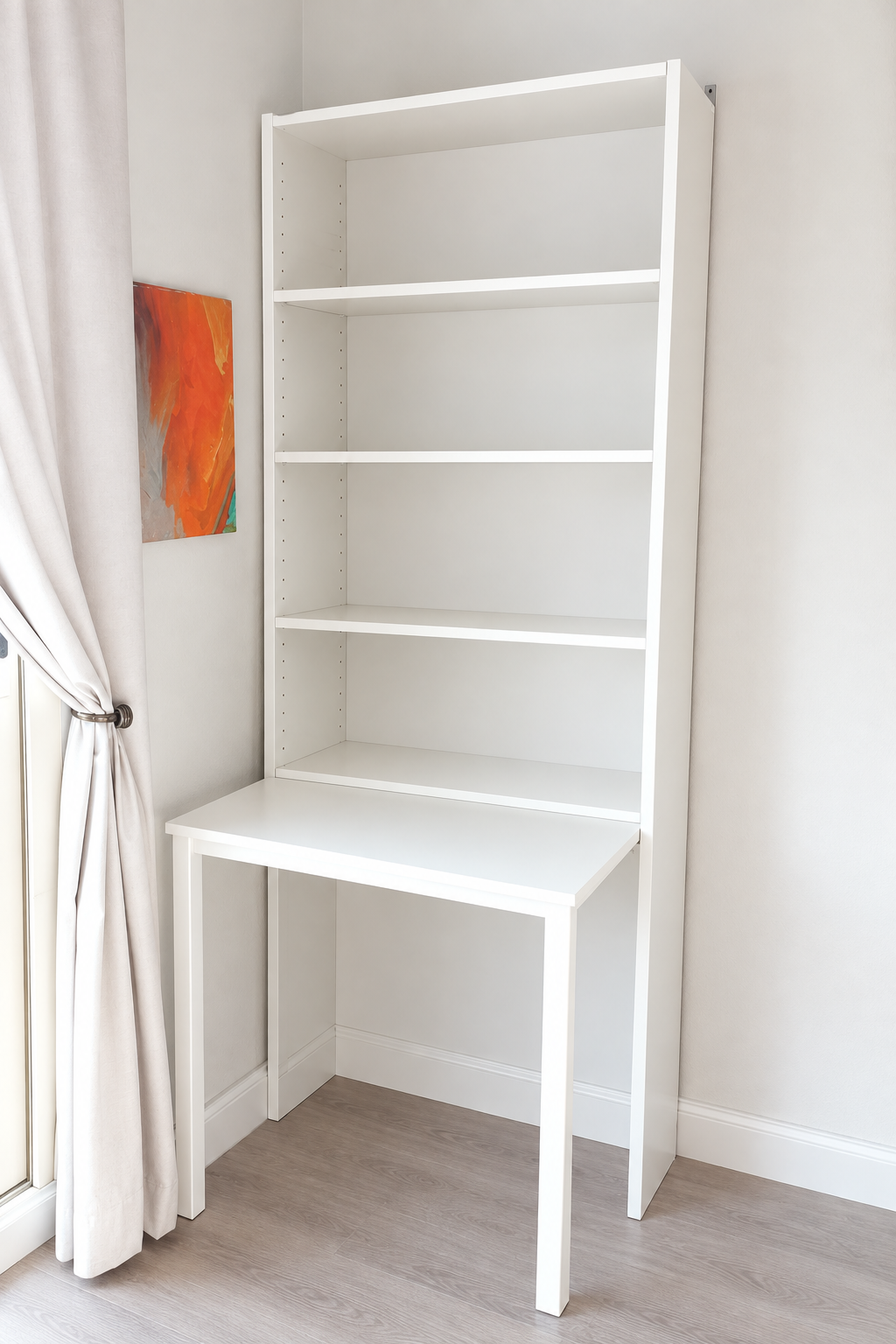 Edited illustrative photo of white desk and tall open bookcase