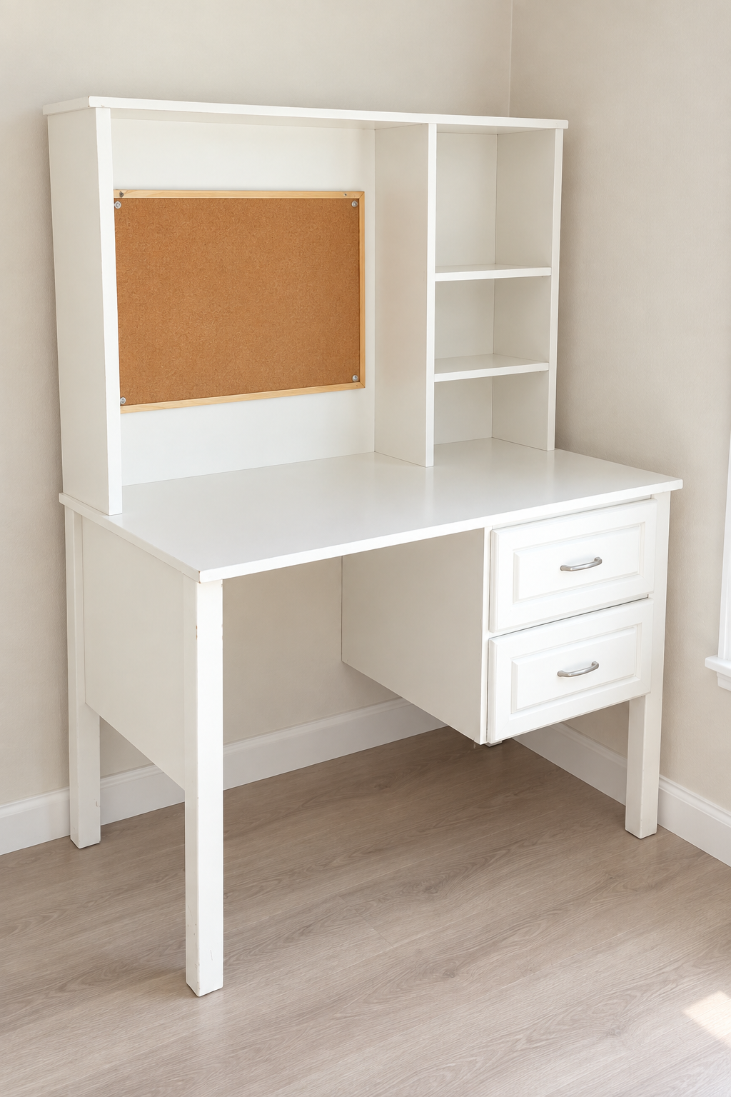 Edited photo of white desk with hutch, corkboard and two drawers