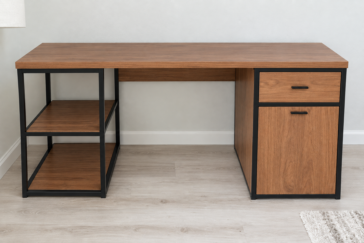 Edited photo of wood-look office desk with open shelves and right cabinet