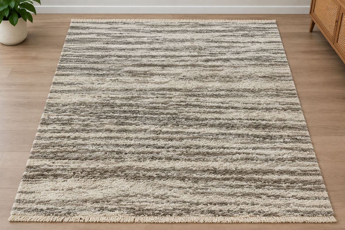 Edited photo of textured cream and grey striped rectangular area rug