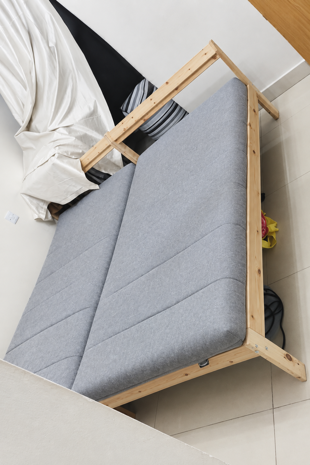Brighter photo of gray upholstered furniture with light wood frame